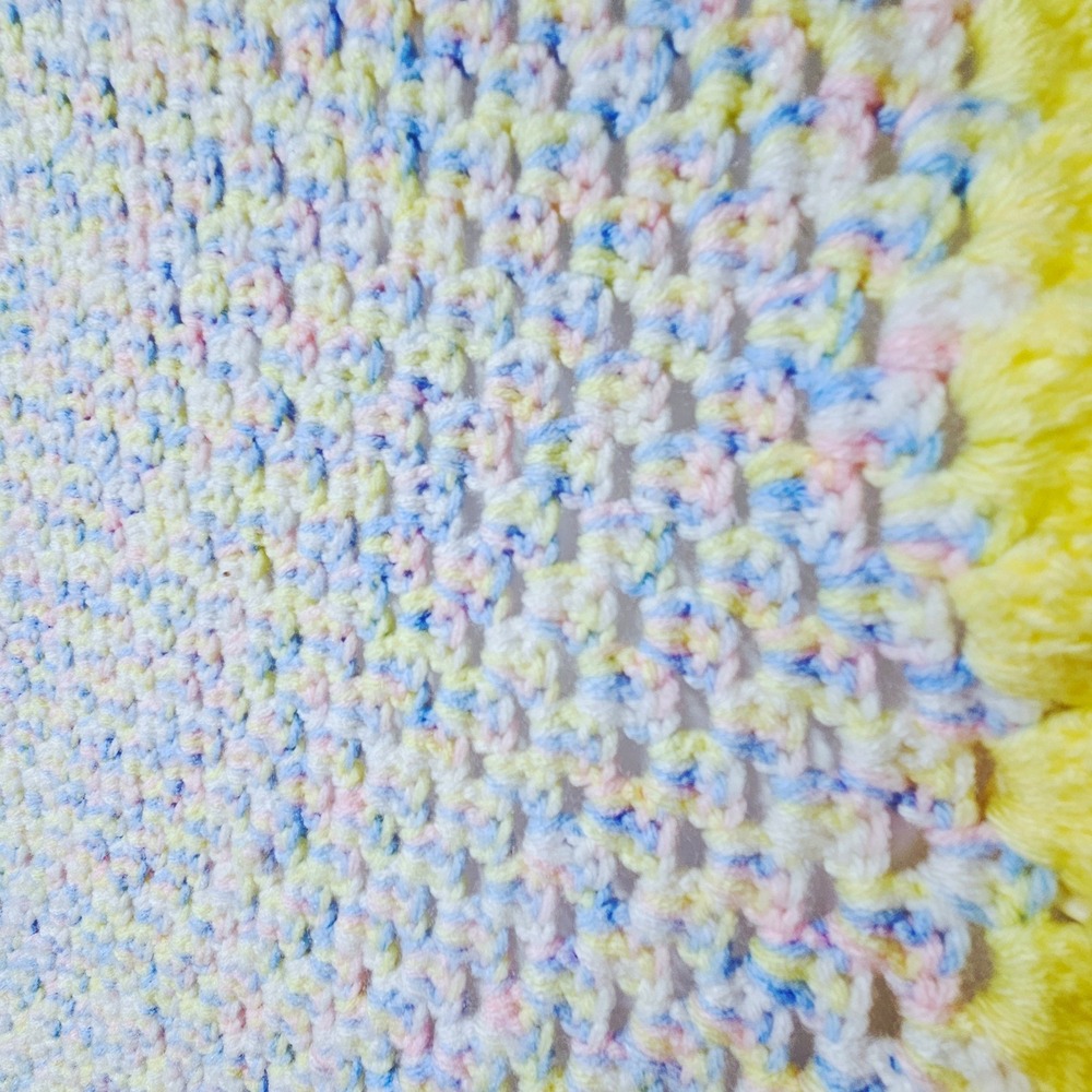 Handmade Kids Crochet Baby Blanket Pastel Blue Yellow Pink Scalloped 55" Unisex